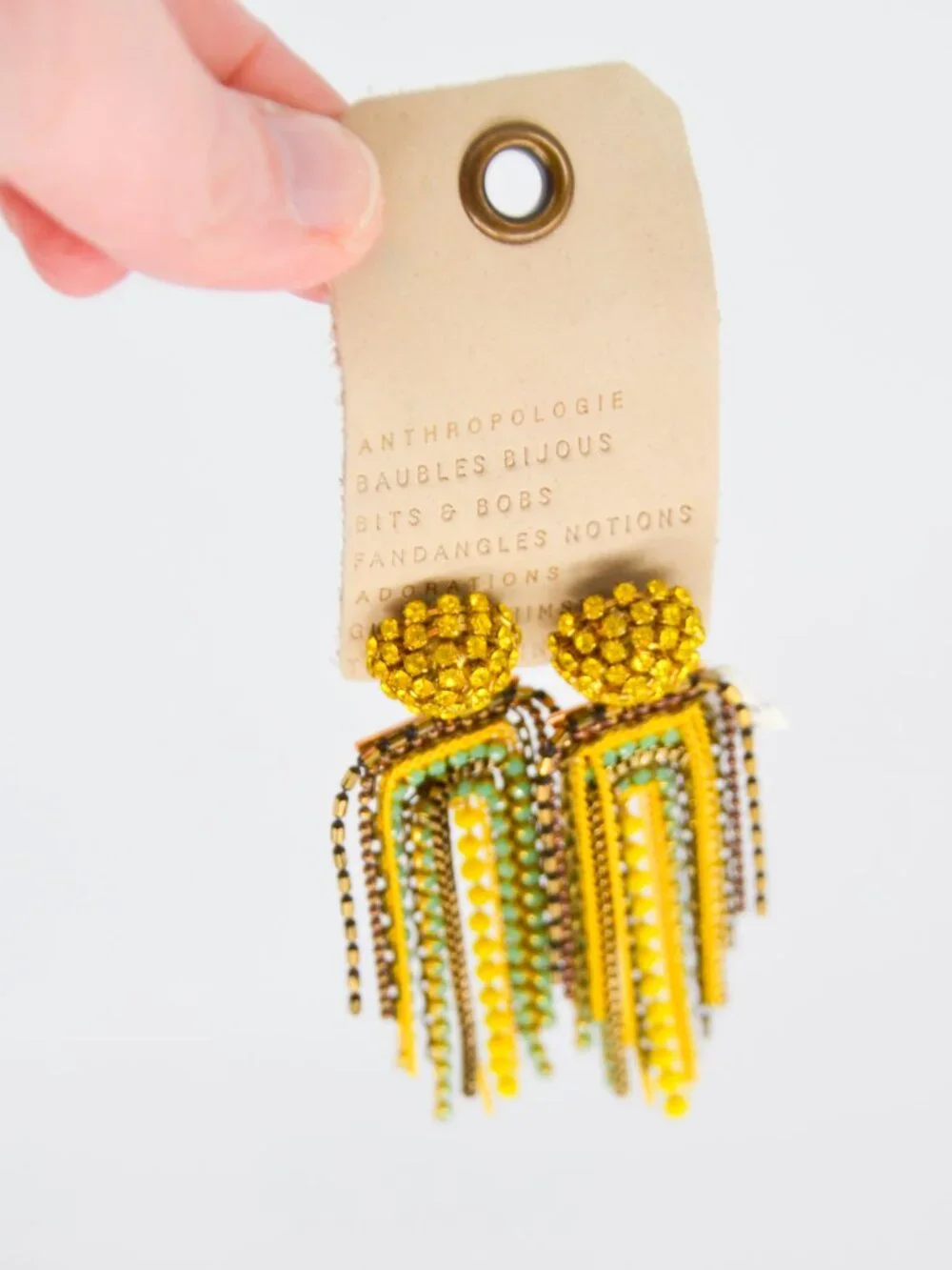 NWT Anthropologie Rhinestone Fringe Tassel Earrings Yellow Gold Blue
